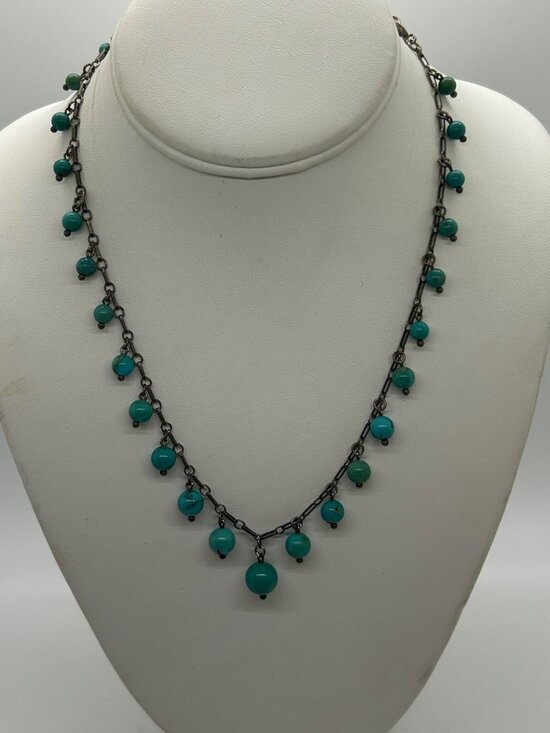 Antique Silver-tone Necklace Turquoise Colored Beads, Thumbless Clasp, Early 190 - Picture 1 of 15